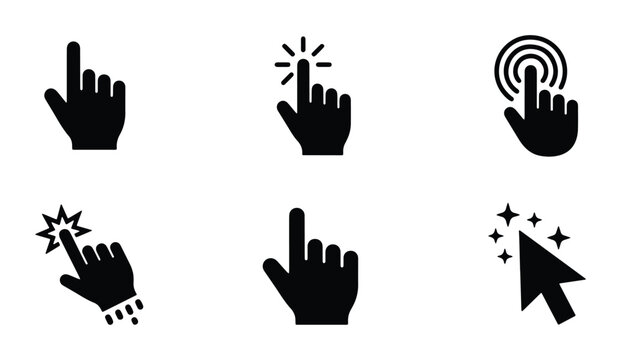Set of Six Black Hand Cursor Icons, Digital Pointer Clicks, Interactive Website Navigation Elements, User Interface Symbols
