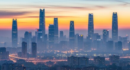 Fototapeta premium City skyline at sunset modern architecture and urban landscape