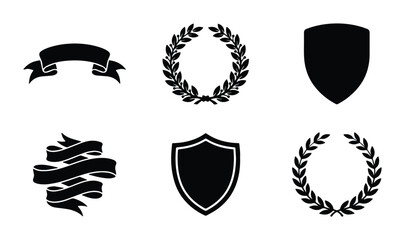 laurel wreaths ribbon banners shield icons vector set on white background © Mahadi