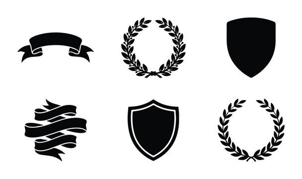 laurel wreaths ribbon banners shield icons vector set on white background