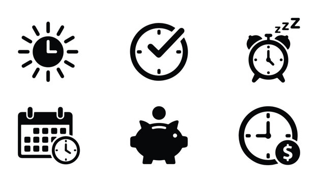 Time Management Icons: Sun Clock, Check Mark Clock, Sleep Alarm, Calendar Clock, Piggy Bank, Money Clock Vector Set