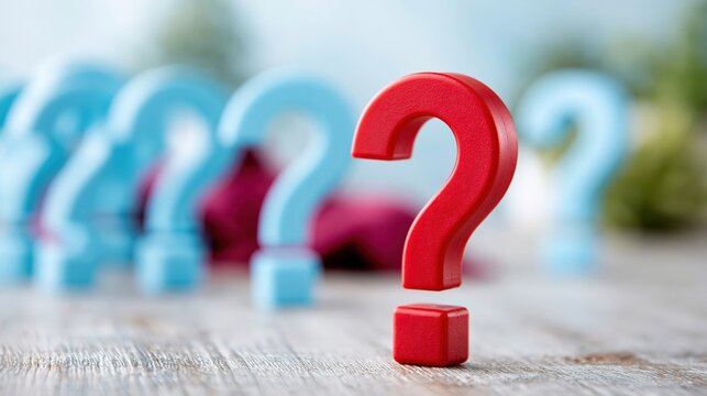 Red question mark standing before blue question marks on table