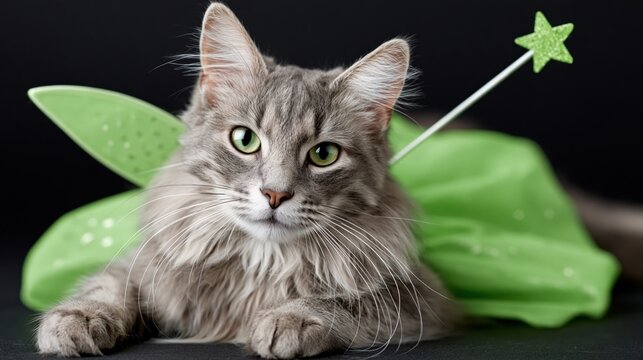 Gray cat dressed with green fairy wings and wand on black backdrop