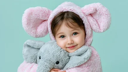 Fototapete Tierärzte Toddler wearing pink elephant costume hugging plush toy  © OleksandrZastrozhnov