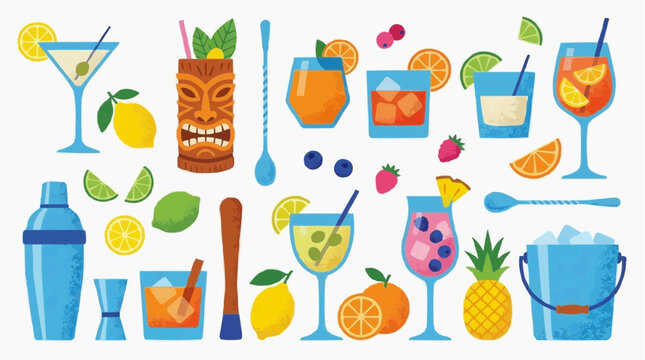 Cocktail drinks, fruits, and bar tools set
