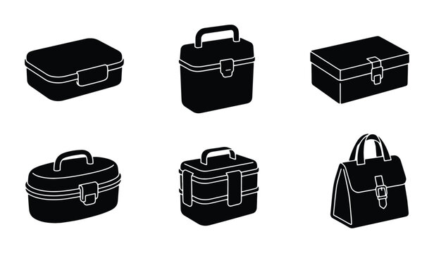Black Silhouette Vector Icons of Various Cases and Bags, Storage Containers, Toolboxes, and Handbags for Organization and Design