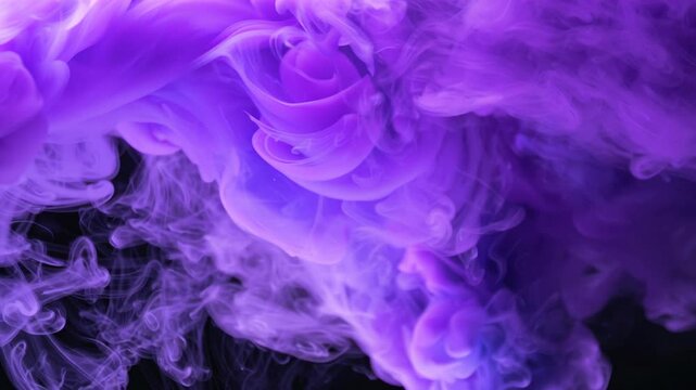 Purple smoke cloud billowing across black, dense violet plume in slow motion, soft edges and dramatic backlight, highcontrast texture, cinematic mood ideal