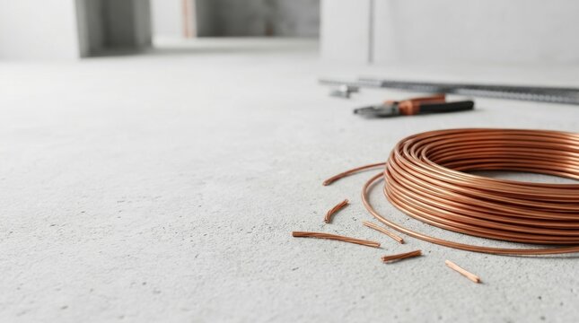Copper wire coil tangled on concrete floor near electrical box. Construction site wiring installation concept for building renovation and electrical work.
