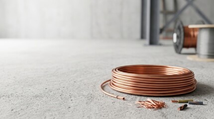 Obraz premium Copper wire coil tangled on concrete floor near electrical box. Construction site wiring installation concept for building renovation and electrical work.