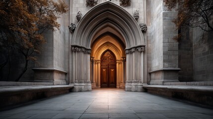 Obraz premium Majestic Gothic Cathedral Doorway with Pointed Arch and Intricate Sculptures