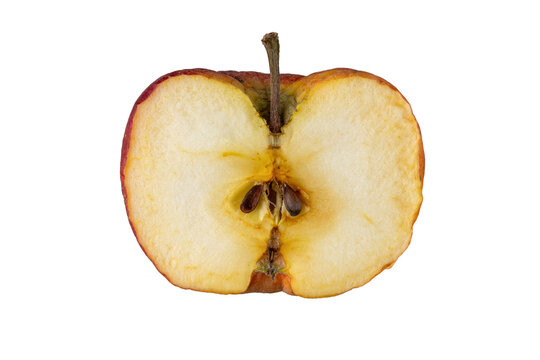 Sluggish rotten half red apple fruit isolated on white. Healthy diet and food waste concept. Life circle of apple fruit from fresh to rotten.