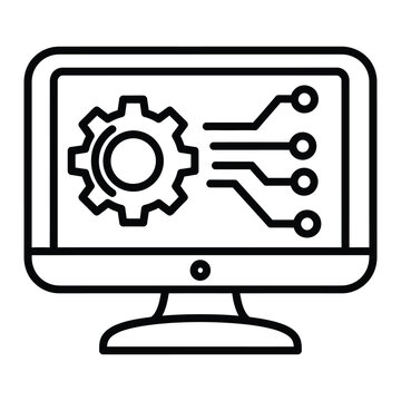 Computer monitor with a gear icon and circuit board lines computer cogwheel technology processing engineering