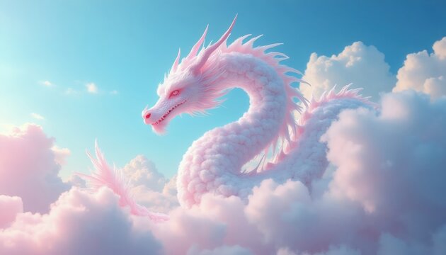 White pink dragon body in clouds against blue sky. Mythical creature with soft fluffy form floats in airy cloudscape. Gentle fantasy animal flies high above.