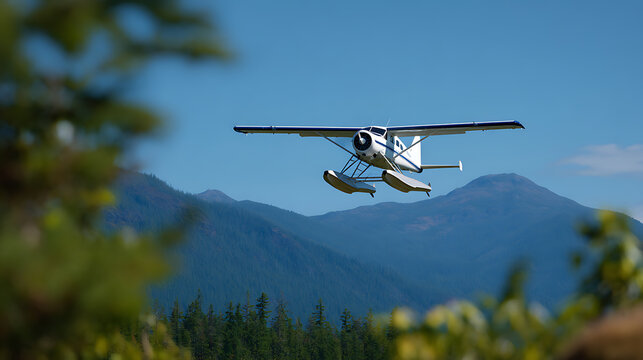 White float plane in majestic flight over a vibrant green forest and towering mountains under a clear blue sky, evoking adventure and travel