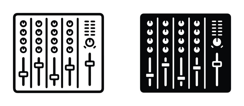 black and white outline vector of two different styles for audio mixer control panels with knobs sliders faders and