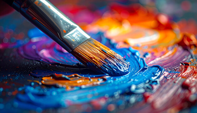 Paintbrush on colorful paint palette