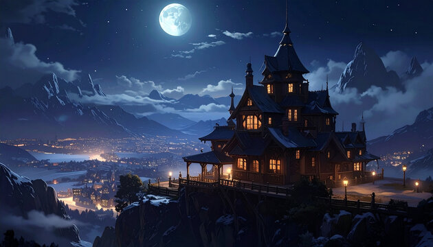 Night scene castle on a hill