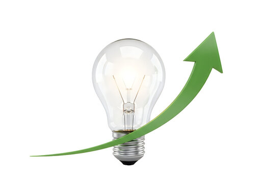 Light bulb with upward green arrow isolated on transparent background