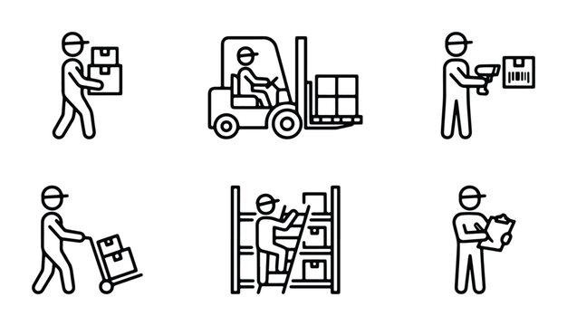 vector set of warehouse workers performing various tasks such as forklift operation pallet handling and inventory