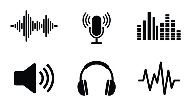 Sound wave microphone headphones speaker equalizer heartbeat line art icons on white background