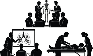 Medical training classroom with anatomy skeleton lung presentation and patient treatment silhouette healthcare education concept black illustration set © PROTAP