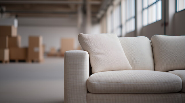 Beige fabric sofa in an empty warehouse or showroom with cardboard boxes blurred in background
