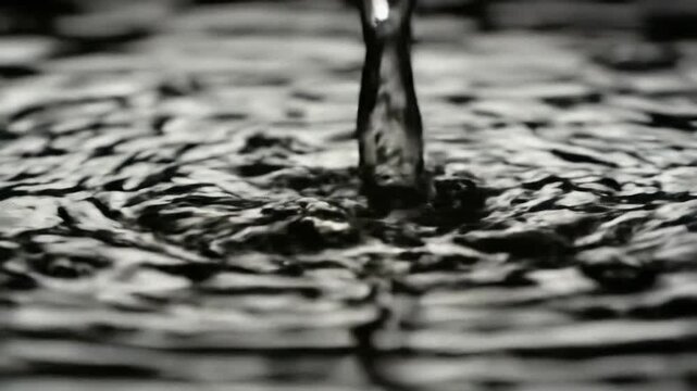 Extreme close-up macro video of pure water cascading in ultra slow-motion onto an obsidian surface, revealing intricate crown splashes, ripples, and iridescent bubbles. Concept of liquid dynamics and