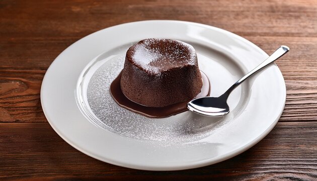 molten chocolate cake on a white plate served with spoon on a wooden table