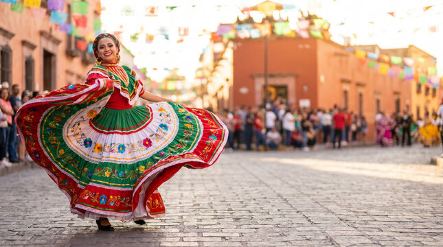 Woman dancing in traditional dress during festive street parade  