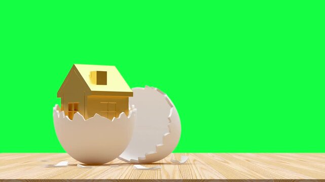 Golden house emerging from a cracked white eggshell on a wooden surface against a green screen background in a simple 3D render, 3D animation
