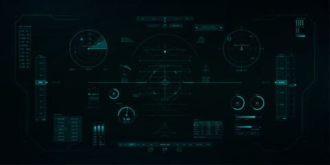 Sci-fi Head-Up Display with Futuristic Aircraft HUD and Radar Display. Virtual reality cockpit with HUD, VR, UI cyberpunk elements. View from the helmet. Military vehicle interface. Vector © 24 std