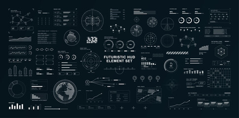 Futuristic HUD user interface with Sci-fi cyberpunk elements. HUD, UI collection  with radar screens, targeting reticles, charts, network maps, infographics. Vector GUI elements in cyberpunk style © 24 std