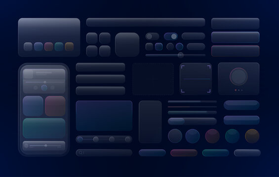 Glassmorphism UI Kit Components and Mobile Layout. Glassmorphism UI kit with mobile screen, cards, buttons, sliders, toggles, search fields. Frames and border for interface, mobile app. Vector