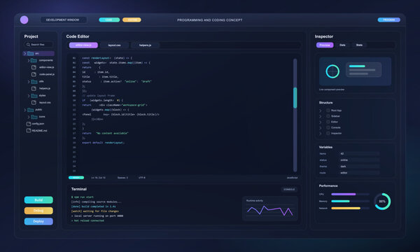 Dark Code Editor Interface and Developer Dashboard. Modern dark theme coding workspace with file tree, code editor, terminal, inspector, performance charts and colorful UI controls. Vector dashboard