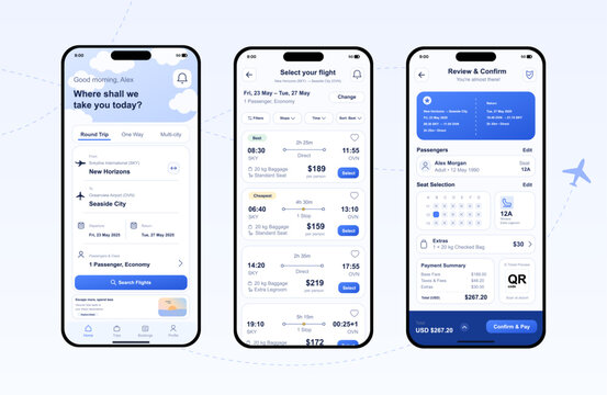 Flight Booking Mobile App Interface Screens. Modern mockup travel app UI showing flight search, fare selection, passenger details, seat choice, QR ticket preview. Vector Mobile App template with UI.