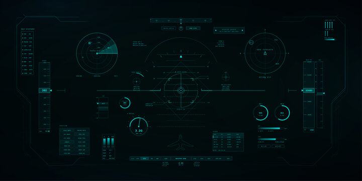 Sci-fi Head-Up Display with Futuristic Aircraft HUD and Radar Display. Virtual reality cockpit with HUD, VR, UI cyberpunk elements. View from the helmet. Military vehicle interface. Vector