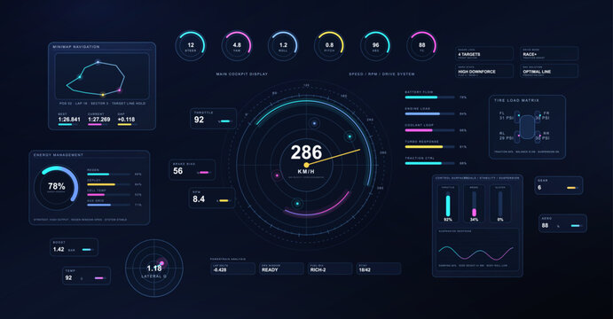 cockpit HUD with speedometer, minimap, energy management, tire load matrix, telemetry gauges and neon controls. Vector GUI interface