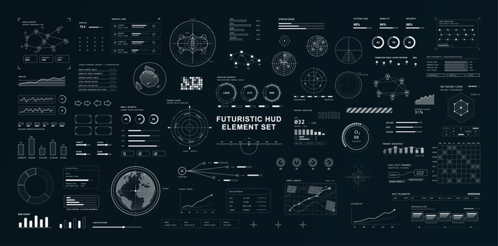 Futuristic HUD user interface with Sci-fi cyberpunk elements. HUD, UI collection  with radar screens, targeting reticles, charts, network maps, infographics. Vector GUI elements in cyberpunk style