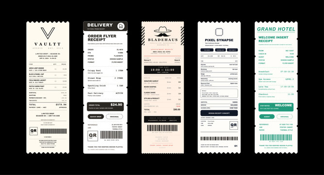Retro Receipt Flyer Mockup Set on Black Background. Collection of vintage receipt flyer templates with delivery, fashion, barber, tech conference and hotel insert designs. Vector Y2K templates