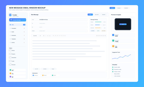 Title: Email Compose Window Mockup with Campaign Insights. Clean email marketing UI mockup with compose editor, inbox sidebar, message settings, preview panel, engagement chart, checklist. Vector UI