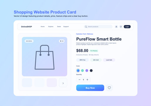 Product card for an online store. A clean user interface for an online store product page, complete with navigation, product image, price, product description, a "Buy" button. Vector website interface
