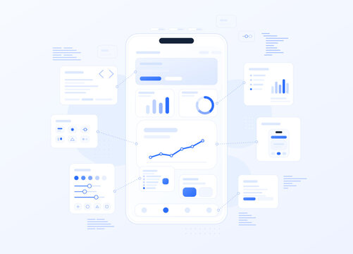 Mobile App Development with Code and Design UI. Clean mobile app development illustration with smartphone interface, code blocks, design panels, analytics widgets and connected UI modules. Vector app