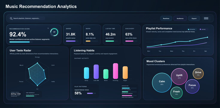 Music Recommendation Analytics Dashboard UI. Dark music analytics dashboard showing recommendation score, listener habits, playlist performance, mood clusters. Vector panel UI for streaming insights.