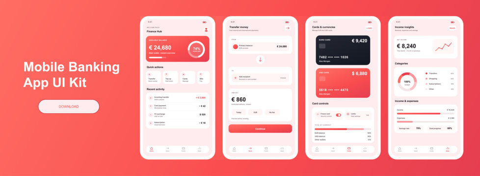 Mobile Banking App UI Kit with Finance Screens. Template red mobile banking app UI kit showing balance, transfers, cards, translations. Mockup wallet application with screens with UI. Vector template