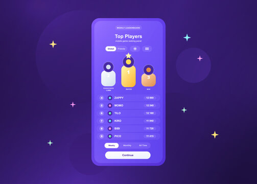 Mobile Game Leaderboard Ranking UI Screen. Colorful mobile game leaderboard UI with top player podium, ranking list, scores, tabs and continue button on a purple gradient background. Vector GUI, App