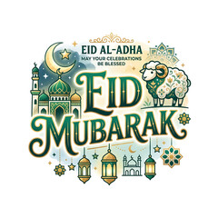 Obraz premium Eid mubarak greeting design with mosque silhouette crescent moon and sheep for islamic holiday celebration