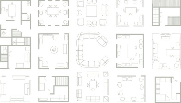 Architectural floor plan set with furniture layout, interior design blueprint icons, home apartment room layouts, modern vector line illustration collection