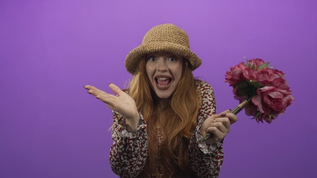 Redhead woman with straw hat holding pink bouquet, mouth open and waving hand toward camera against seamless purple studio backdrop; excitement playful announcement.
