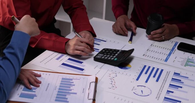 Analyze financial data and accounting record with calculator in meeting office, Accounting company charts and graphs banner, double exposure successful business finance and taxation planning concept.