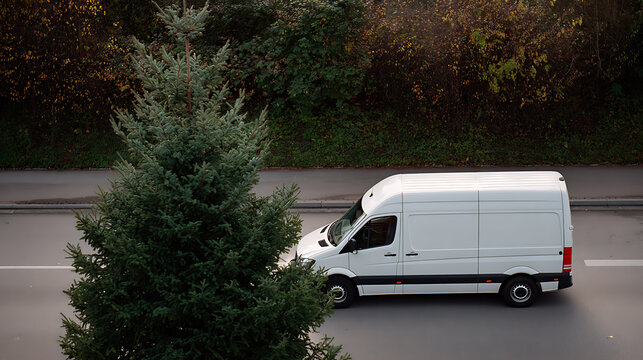 White delivery cargo van drive on paved city road with green tree, transport vehicle side view, commercial transit in urban area